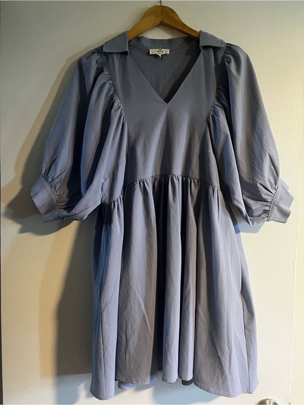 entro Dusty Blue Collared V-Neck Puff Sleeve Mini Dress with Pockets - Picture 1 of 2